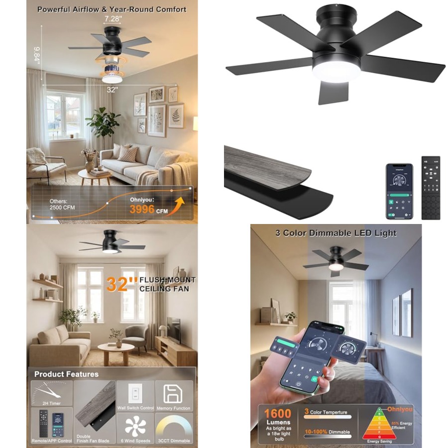 Ceiling Fan Low Profile Flush Mount - Wentylatory sufitowe ze światłem, niskoprofilowy wentylator