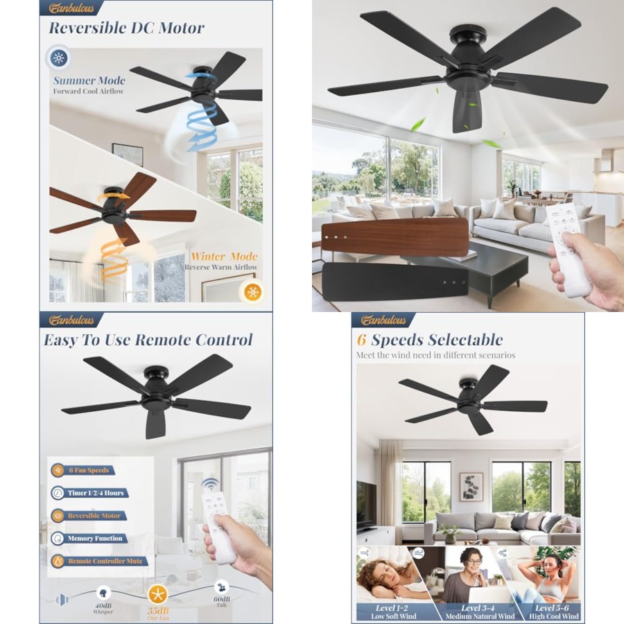 Ceiling Fan Low Profile Flush Mount - Wentylator sufitowy bez oświetlenia, montowany na