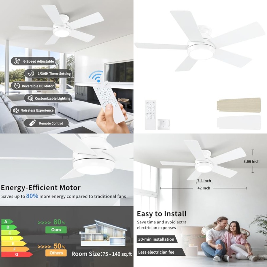 Ceiling Fan Low Profile Flush Mount - Wentylatory sufitowe z oświetleniem i pilotem,